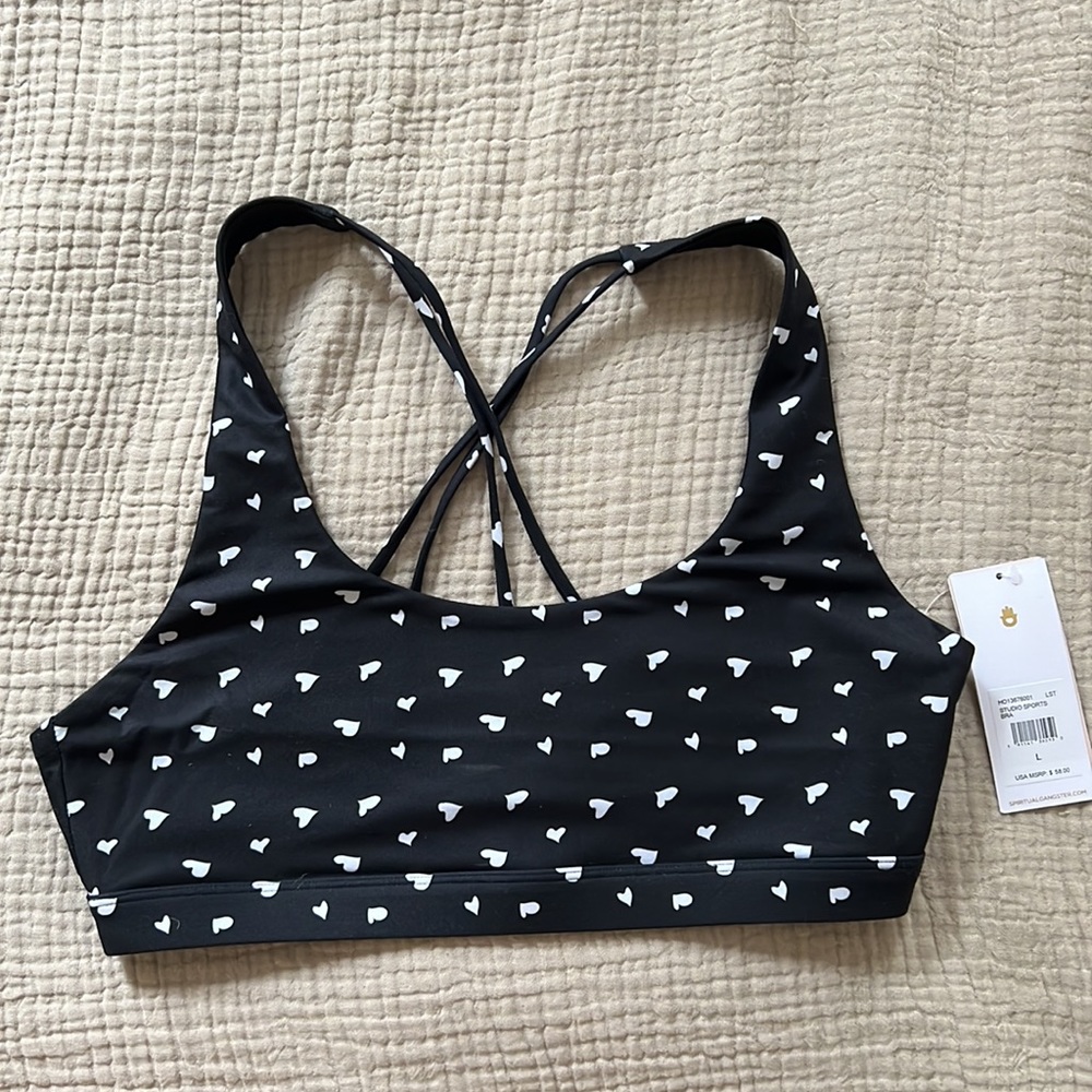 Spiritual Gangster Studio Sports Black black with white hearts size L NWT - Picture 2 of 4